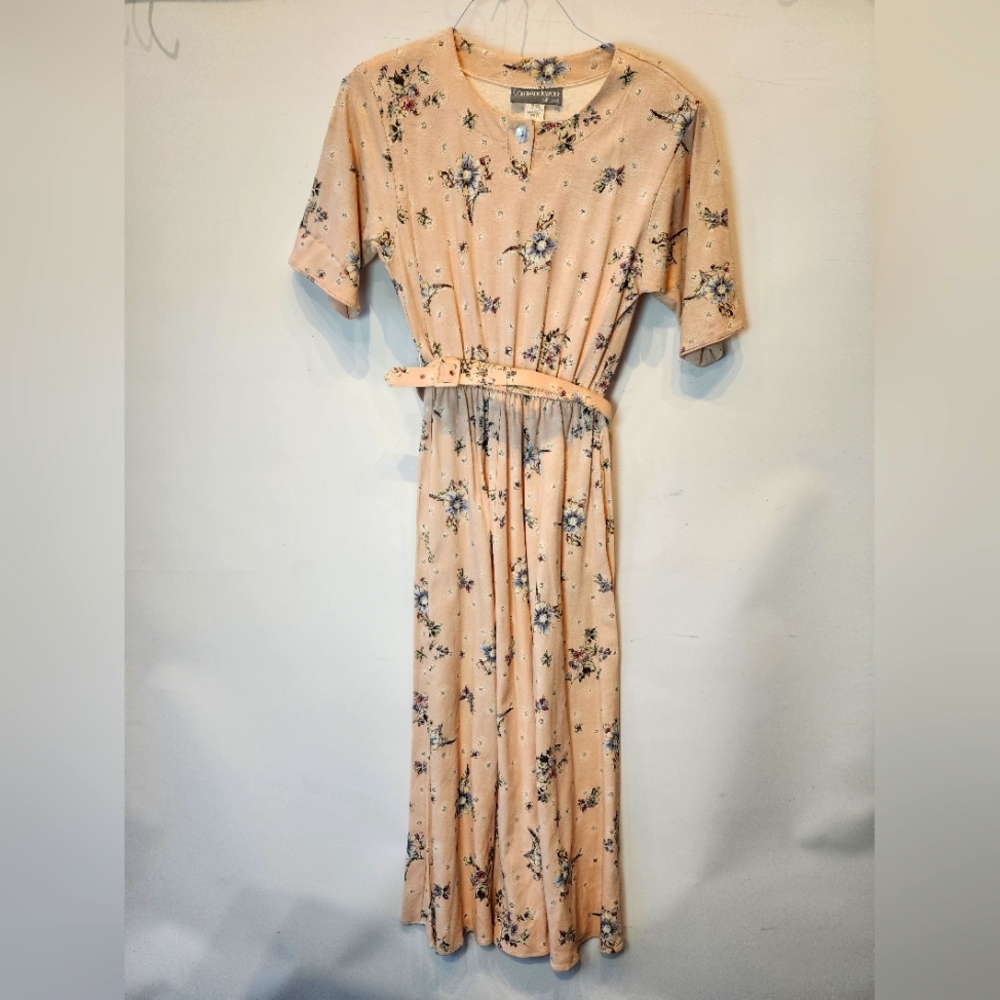 Floral Print Midi Dress  Peach Retro Cotton‎ 90s Cottagecore Dress Size 8